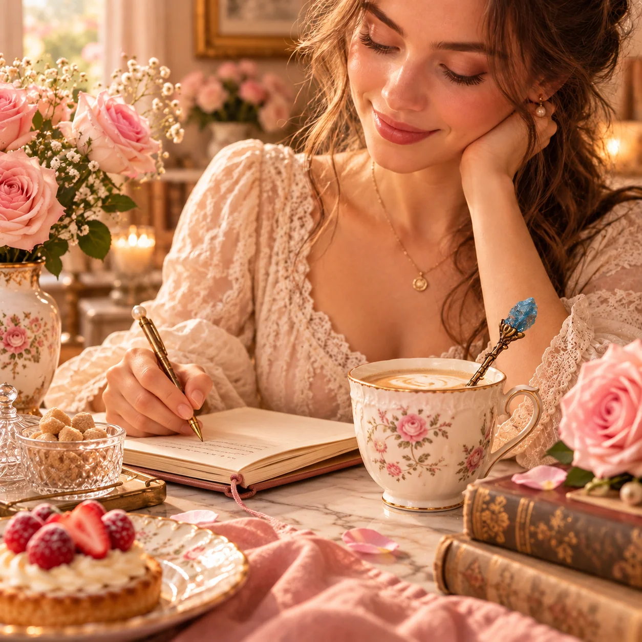 Vintage spoon in a cozy coffee and reading setting