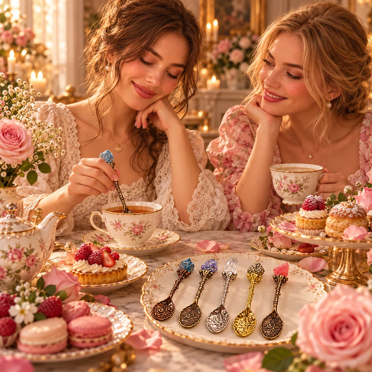 Vintage floral spoons displayed in an afternoon tea scene