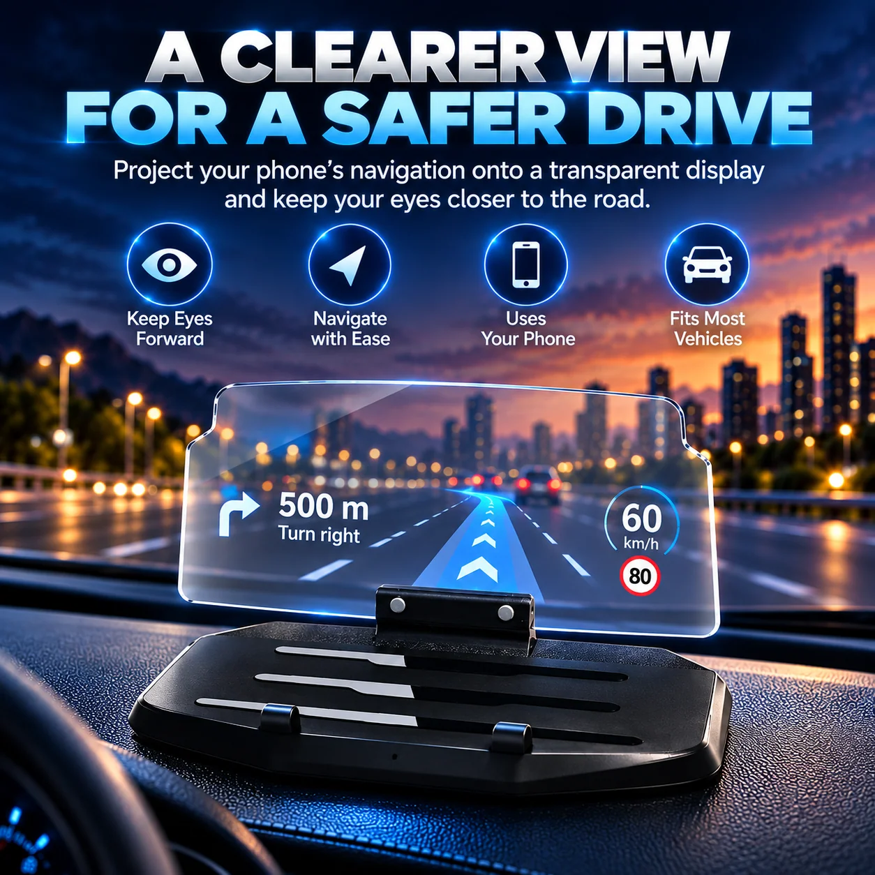 Dashboard phone HUD reflector and charging stand