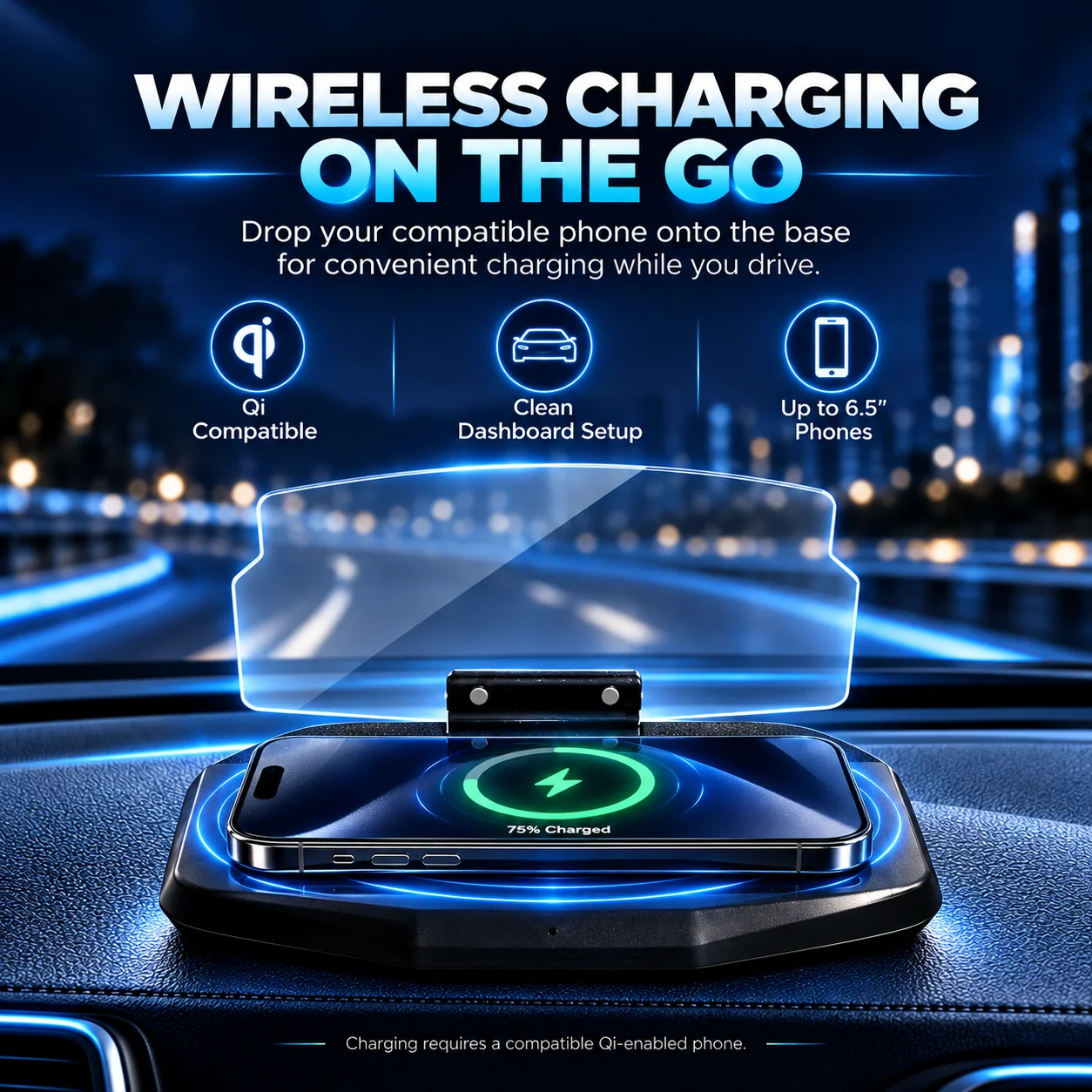 Qi wireless charging dashboard phone stand