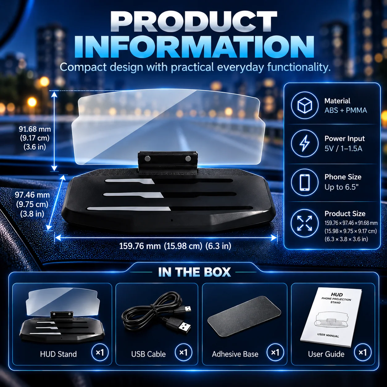 Dashboard phone HUD stand specifications
