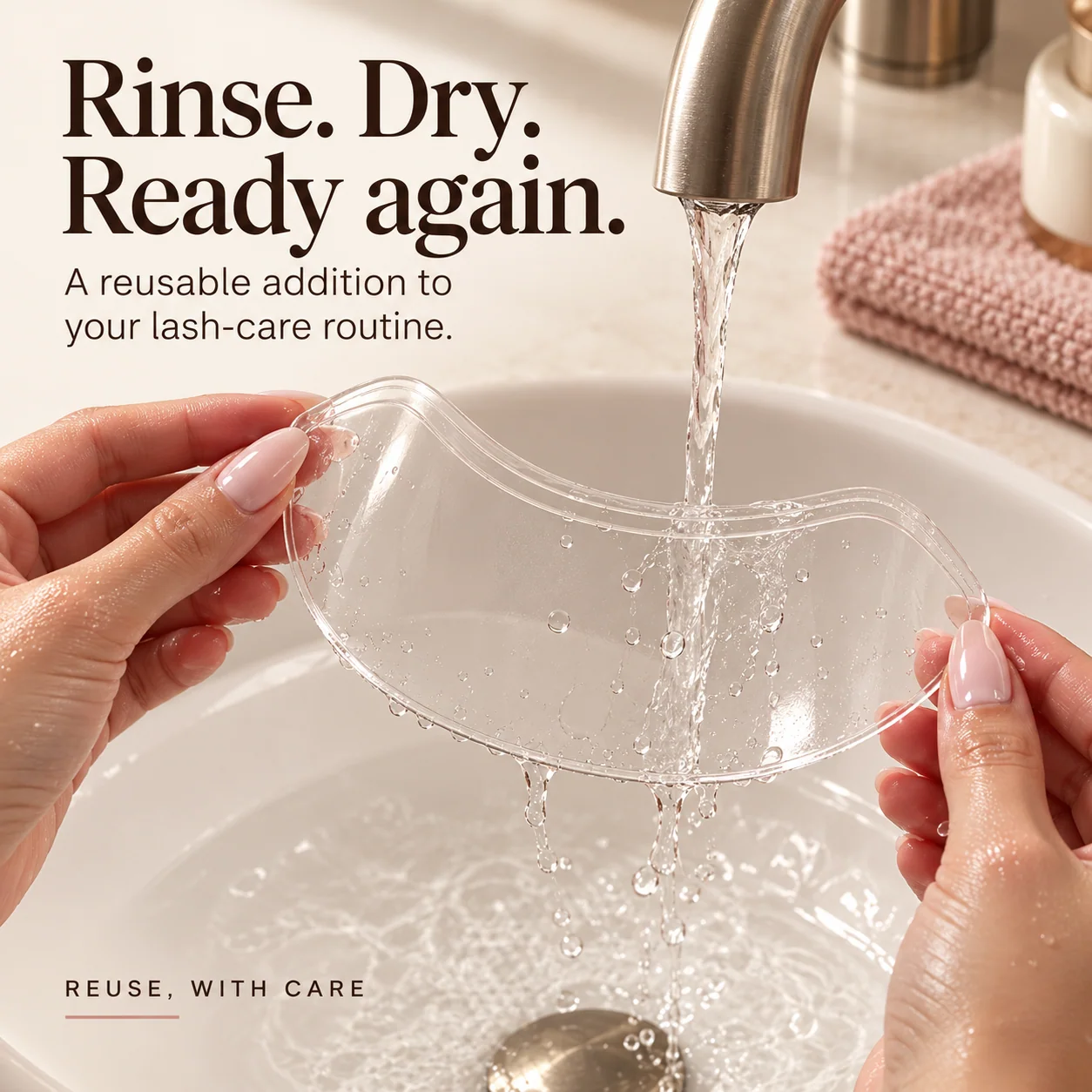 Clear reusable lash shield being cleaned under running water at a bathroom sink