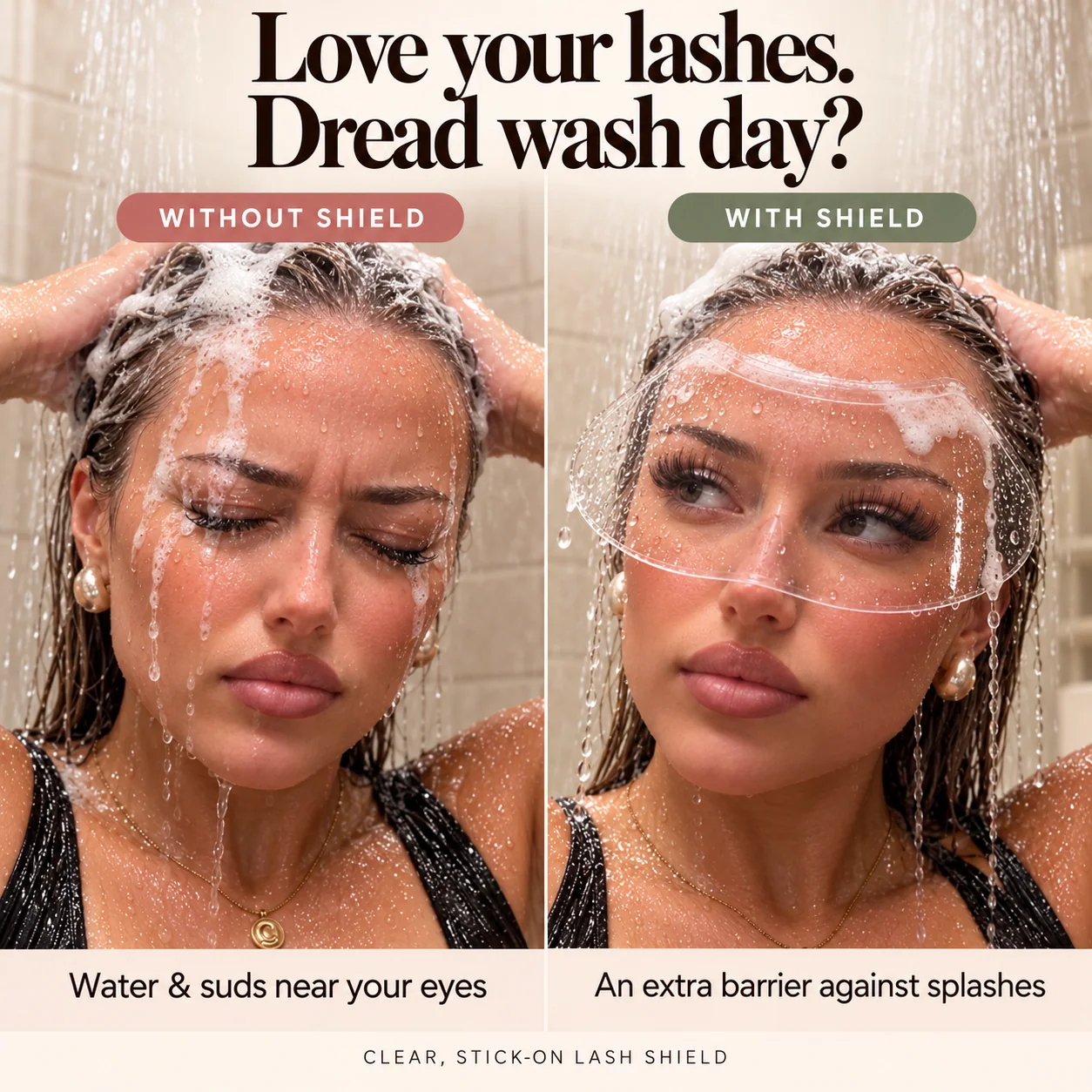 Before and after comparison of shampoo splashes near the eyes with and without the transparent lash barrier