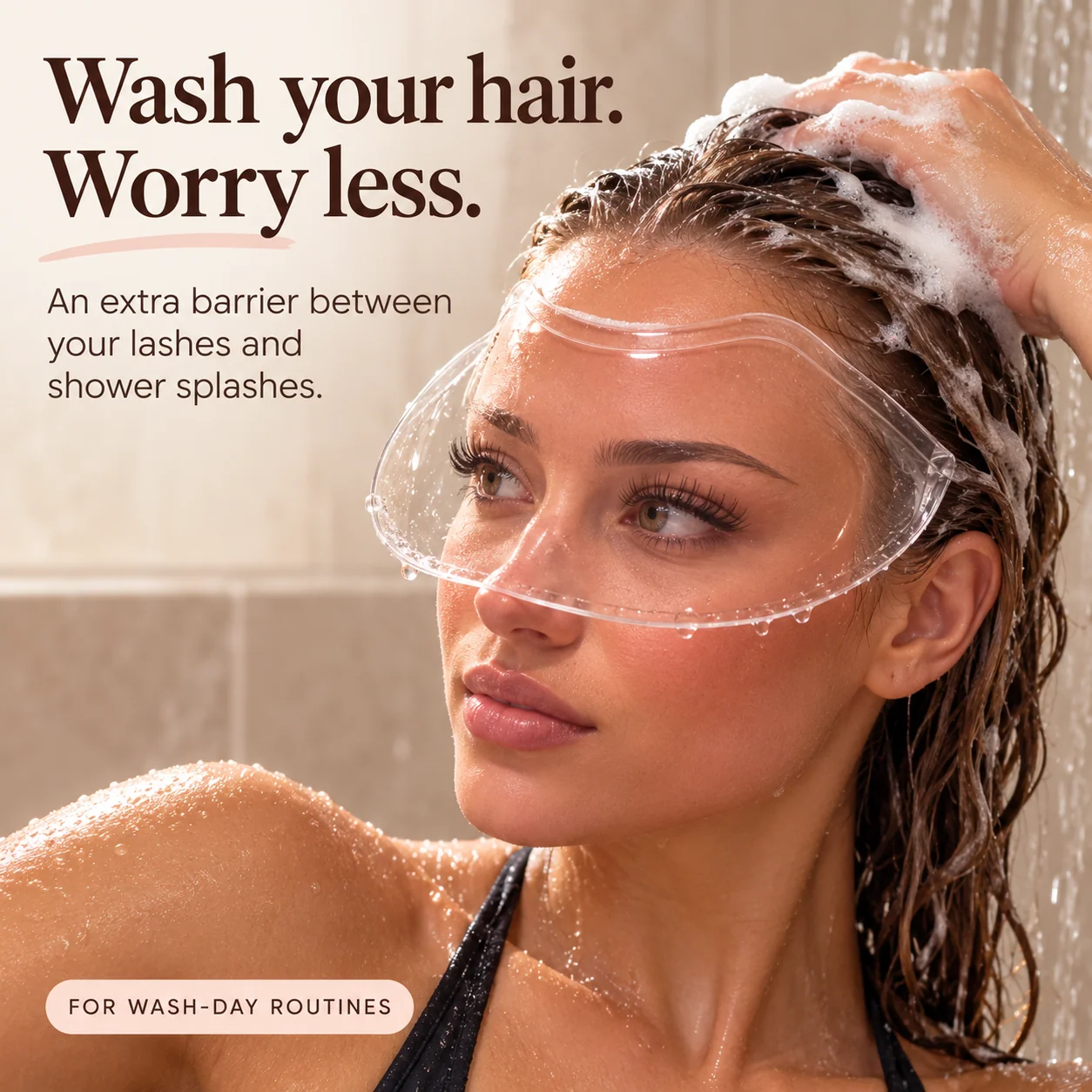 Woman shampooing her hair in the shower while using the curved clear lash splash barrier