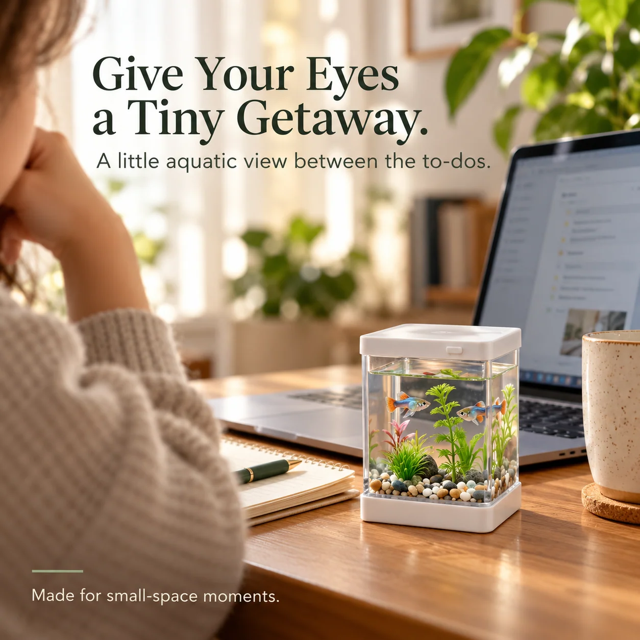 Mini aquarium display beside a laptop and coffee cup in a softly lit home office