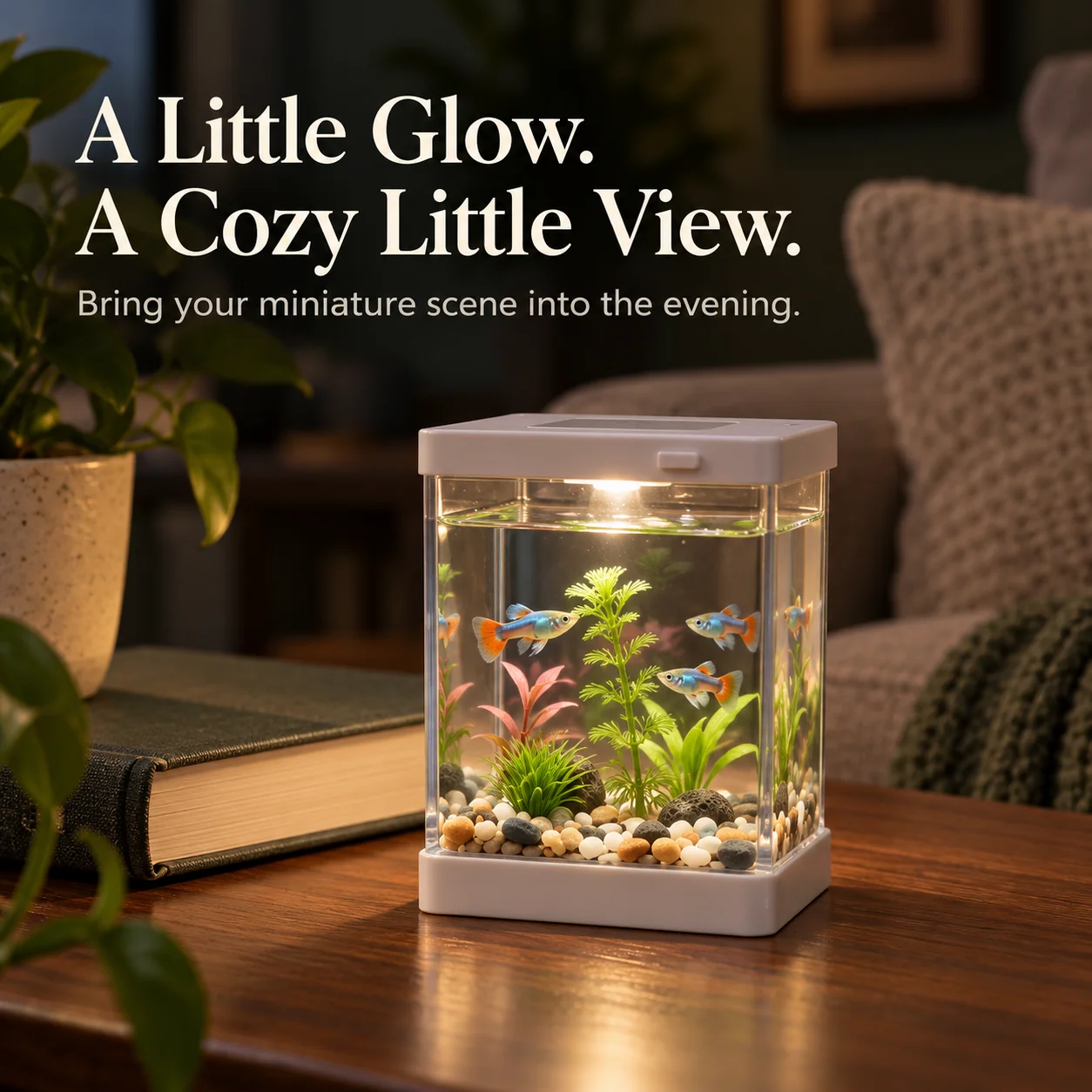 Miniature aquarium scene with warm illumination on a side table in a cozy evening room