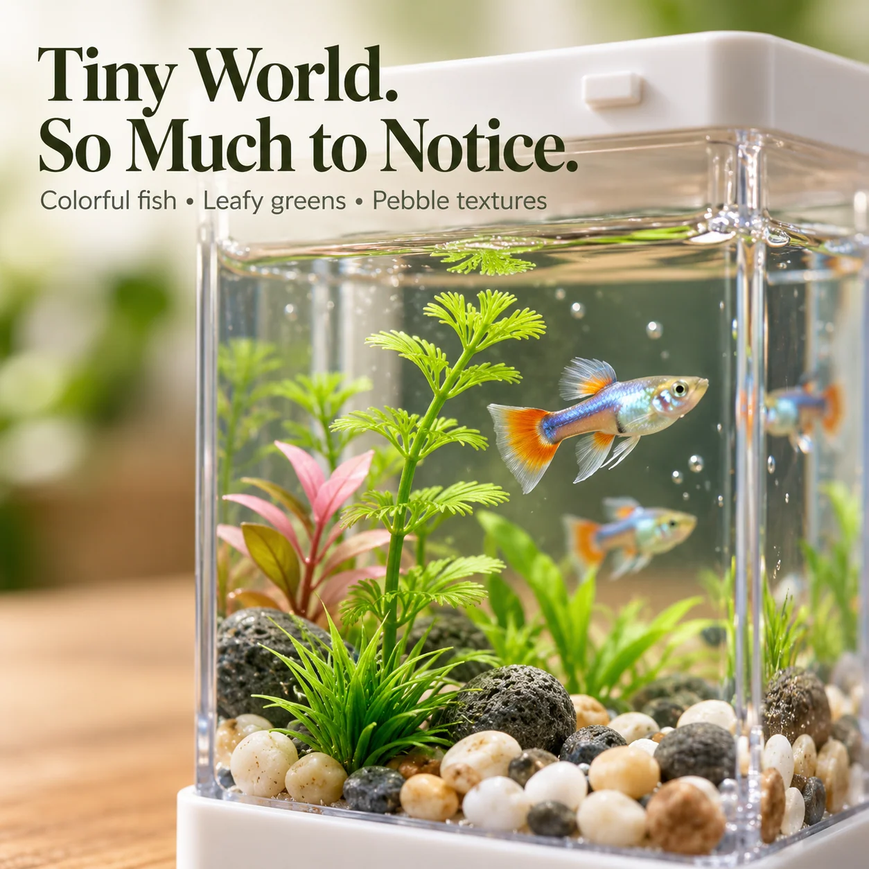 Close-up of miniature aquatic fish, textured pebbles and green plants behind clear aquarium walls
