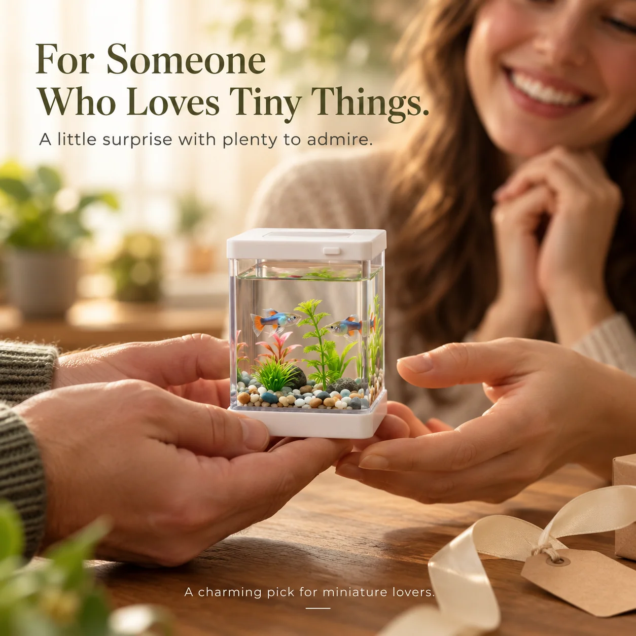 Miniature fish aquarium display being presented as a thoughtful small gift