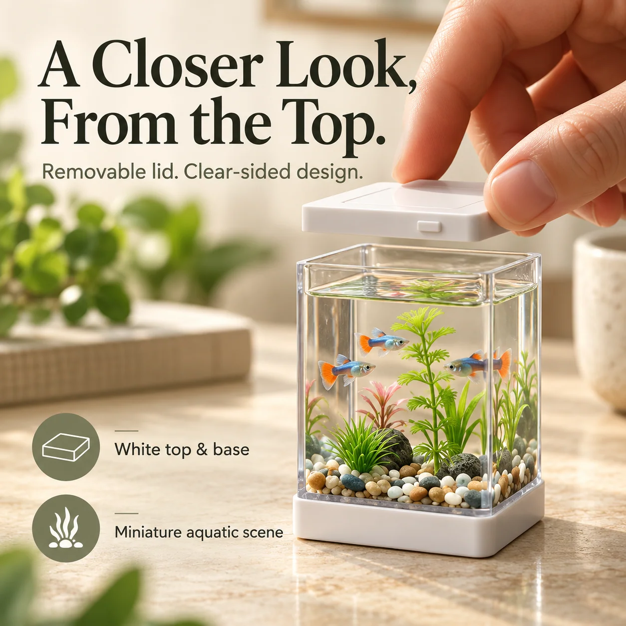 Hand lifting the removable white lid from the clear miniature fish tank display