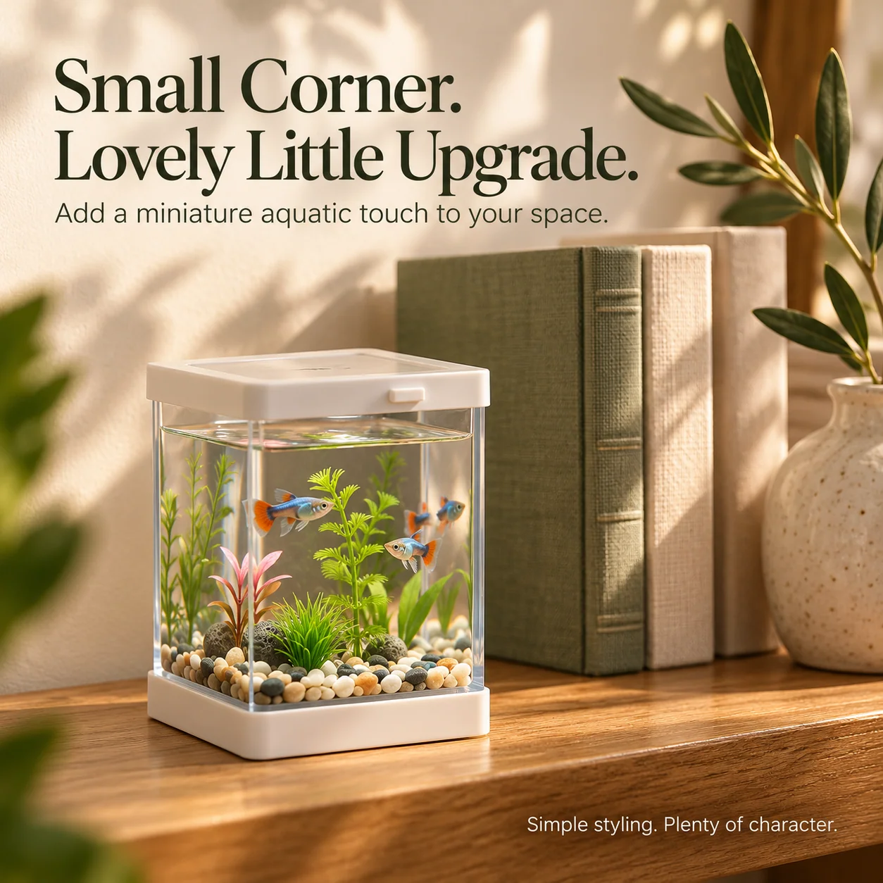 Miniature fish tank displayed on a wooden shelf beside books and a ceramic plant vase