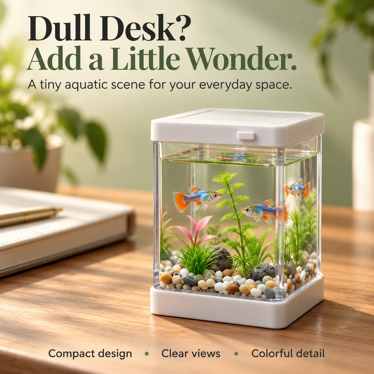 Miniature clear-sided fish aquarium scene with white top, colorful fish and aquatic greenery on a wooden desk