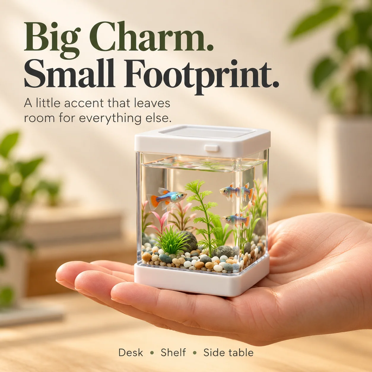 Palm-sized miniature fish aquarium resting on an open hand