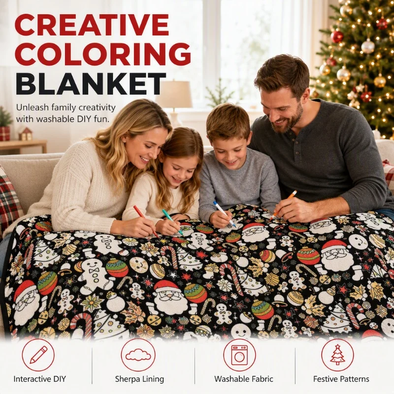 DIY coloring fleece blanket featuring black and white illustrated patterns