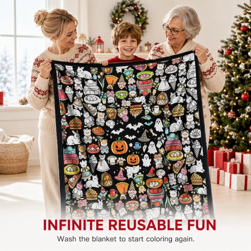 Decorated DIY coloring fleece blanket shown as a finished creative piece