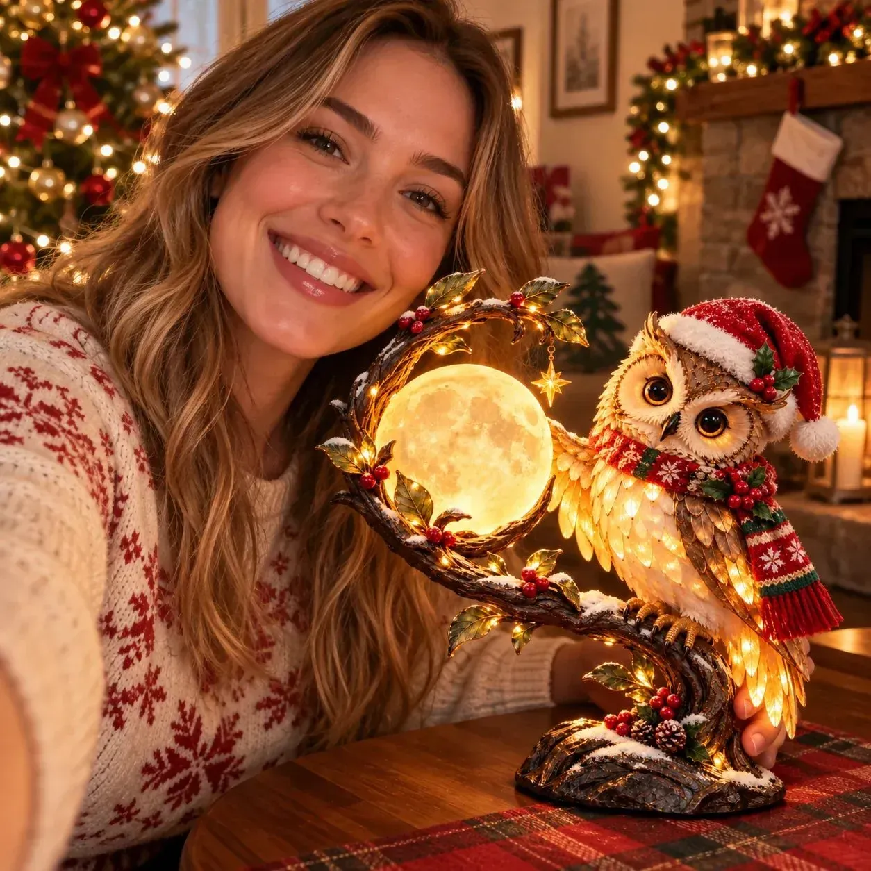 Moonkeeper Christmas owl decoration illuminated in a festive home setting