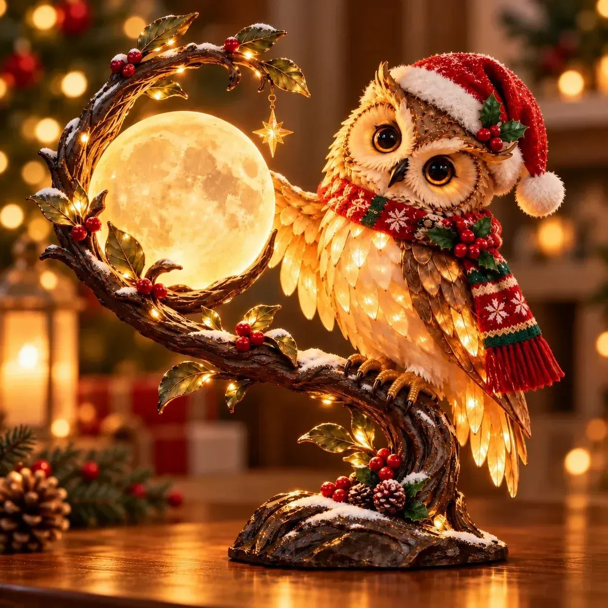 Close-up of Christmas owl textured feathers festive hat scarf and glowing moon