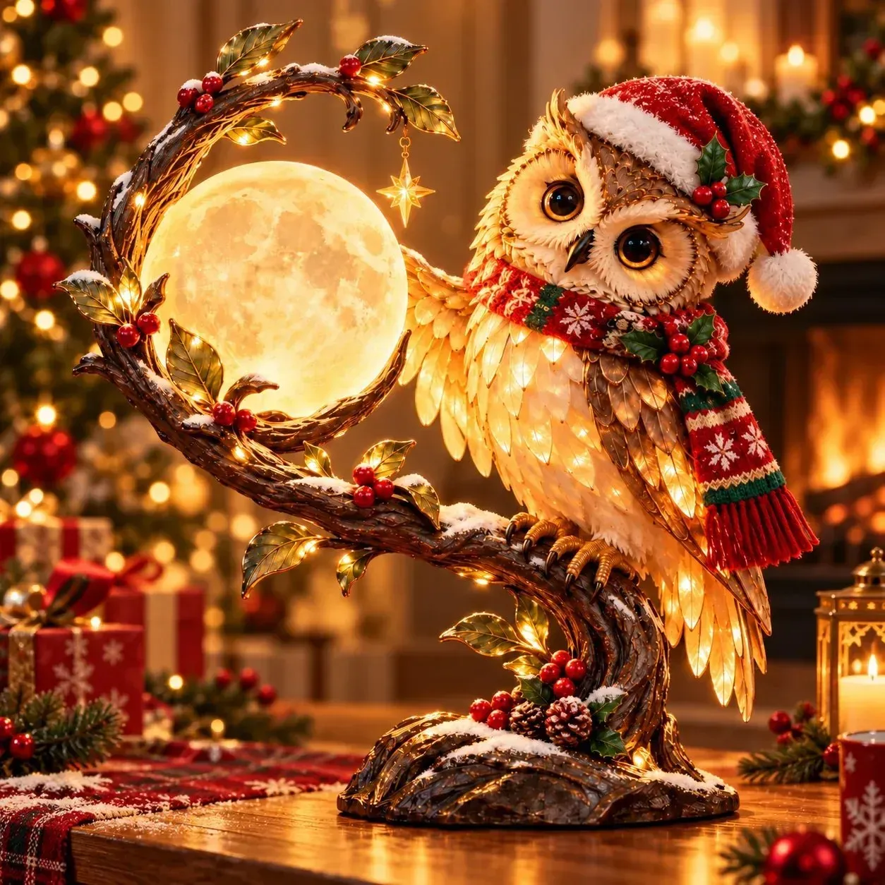 Moonkeeper Christmas owl product dimensions and decorative detail guide