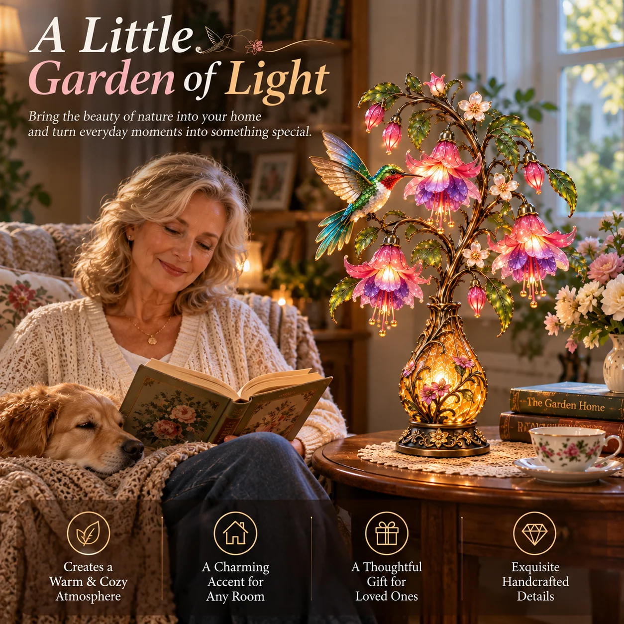 Woman reading in a cozy living room beside the glowing hummingbird and fuchsia lamp