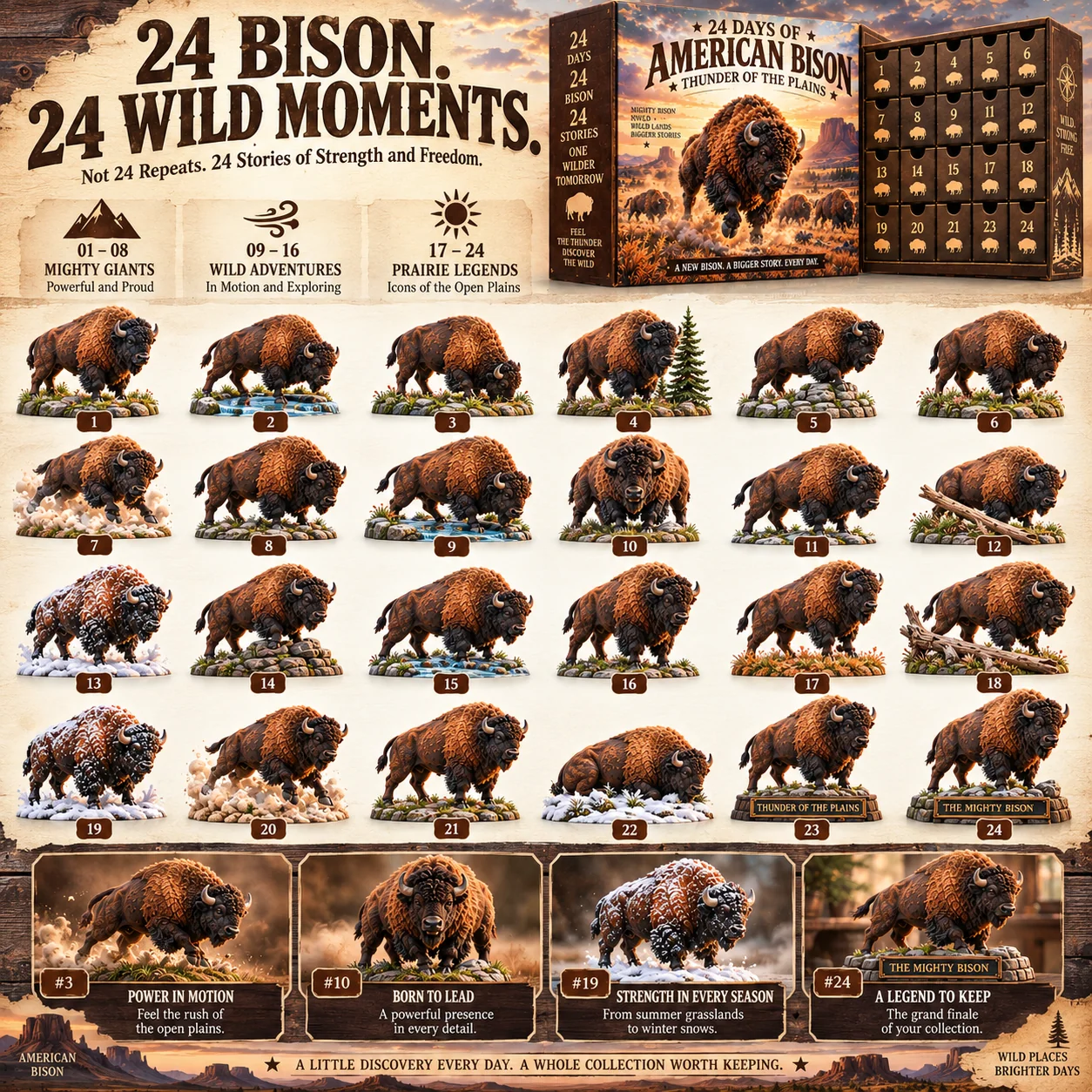 24 different American Bison collectible figurines showing wild poses and prairie scenes