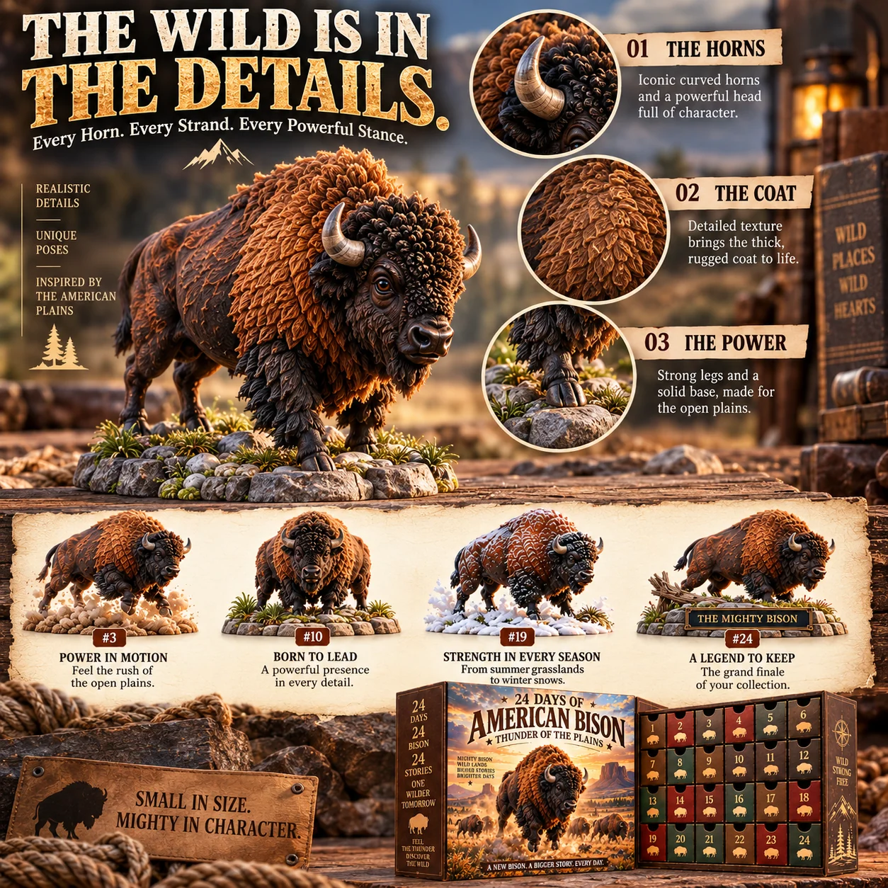 American Bison figurine details showing curved horns thick textured coat and powerful stance
