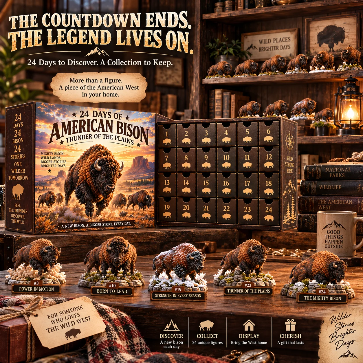 American Bison Advent Calendar gift with collectible bison figurines displayed in a rustic Western home