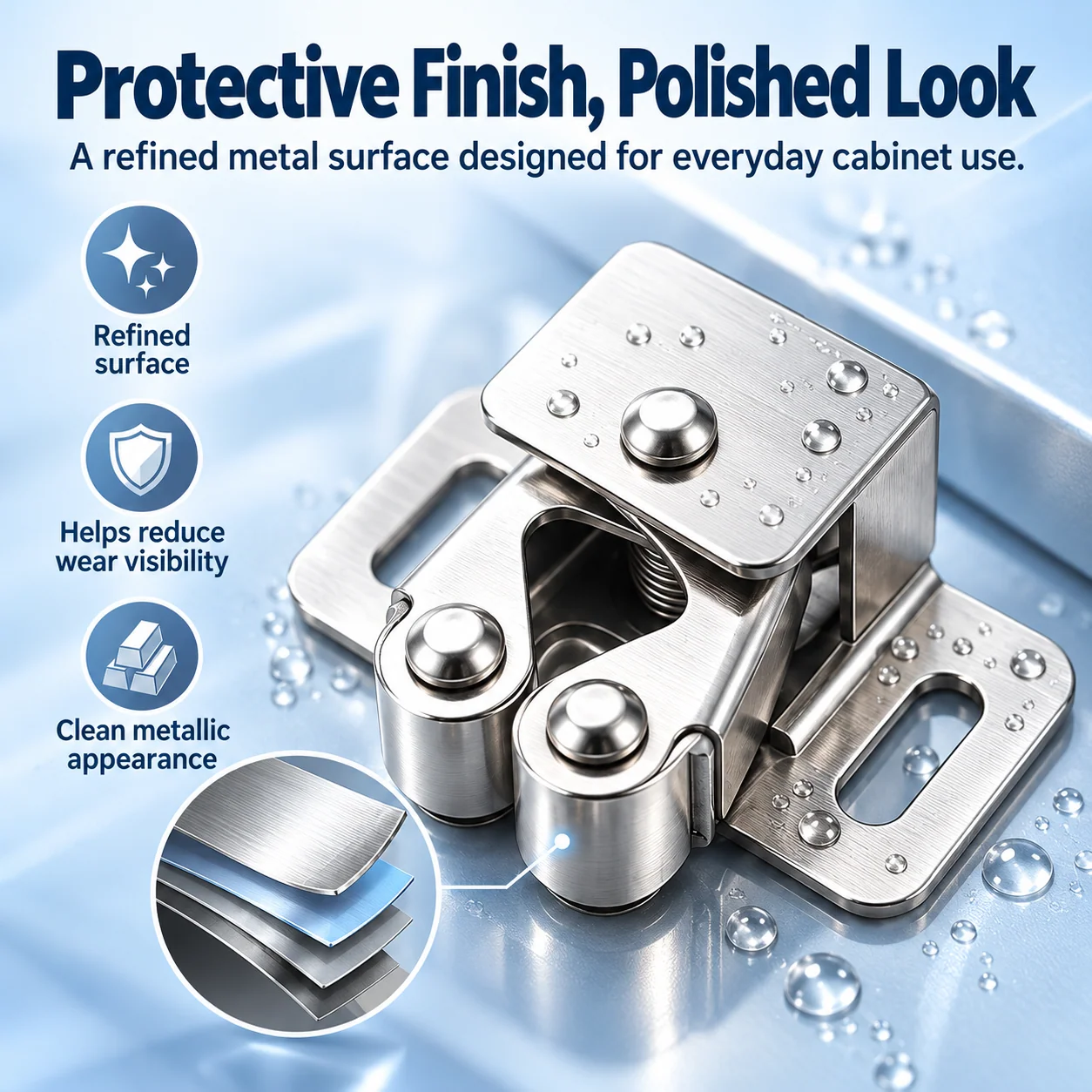 Electroplated cabinet catch coating and metal finish detail