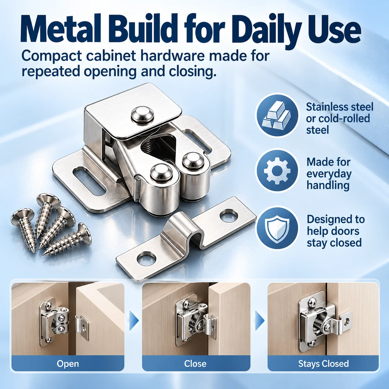 Strong metal cabinet latch construction and closing mechanism