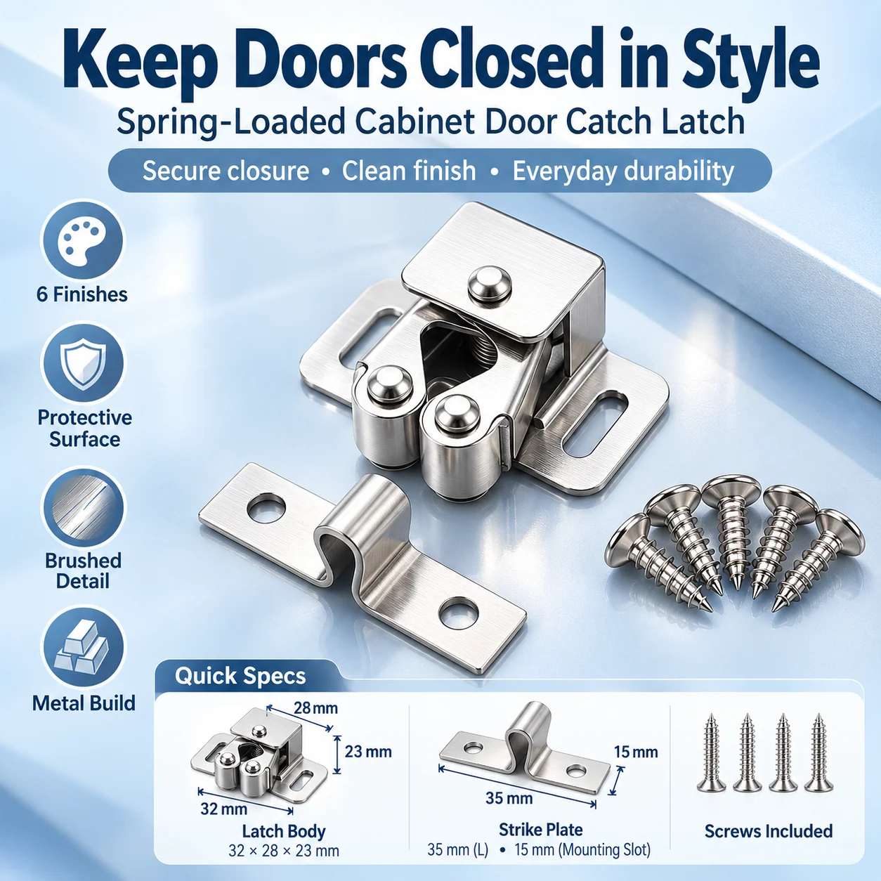 Spring-loaded cabinet door catch latch with dimensions and metal finish