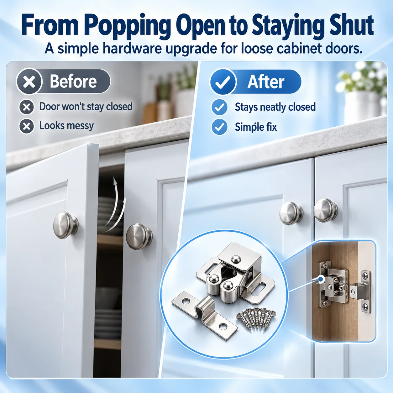 Before and after cabinet door closure comparison