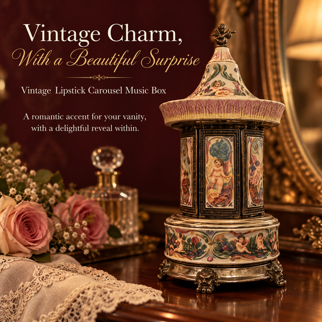 Vintage lipstick carousel music box displayed on an elegant dressing table