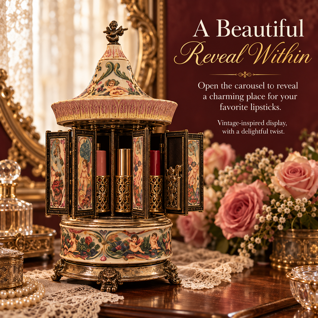 Ornate lipstick carousel opened to reveal the lipstick display