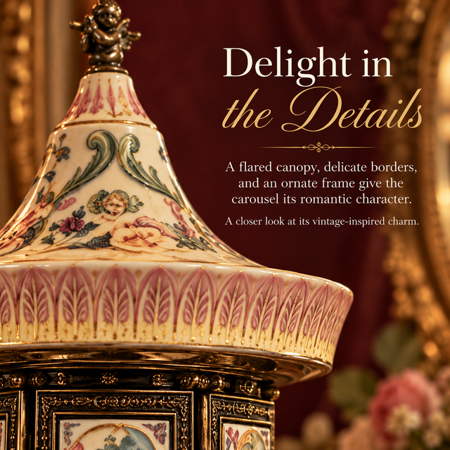 Close view of the romantic painted canopy and decorative carousel details