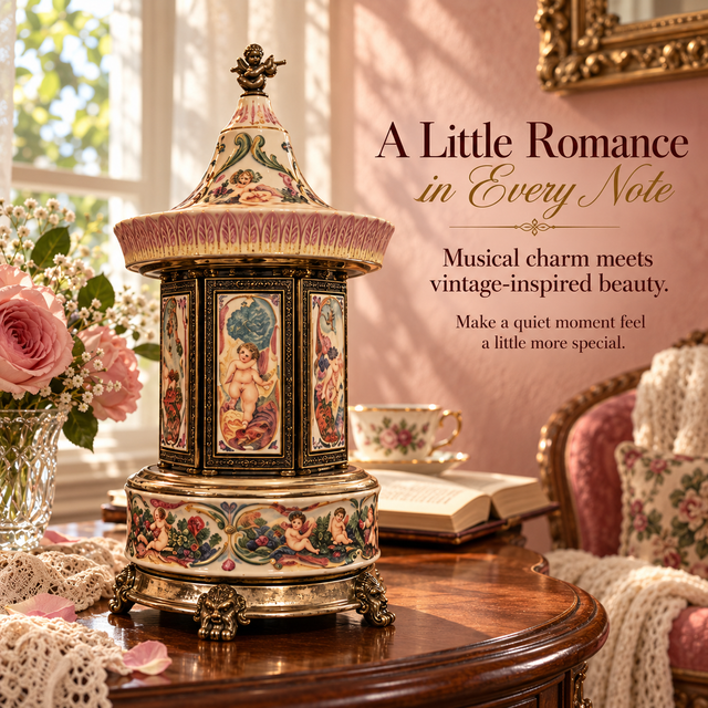 Vintage lipstick carousel music box shown with its decorative panels closed