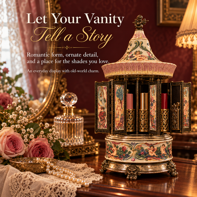 Open vintage carousel music box with lipstick shades on display