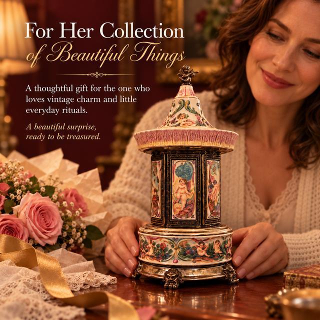 Elegant vintage carousel music box displayed as a decorative vanity accent