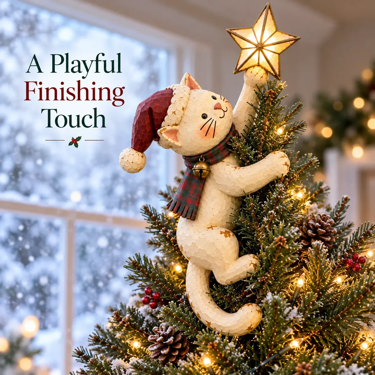 Christmas cat tree topper reaching upwards with a glowing star