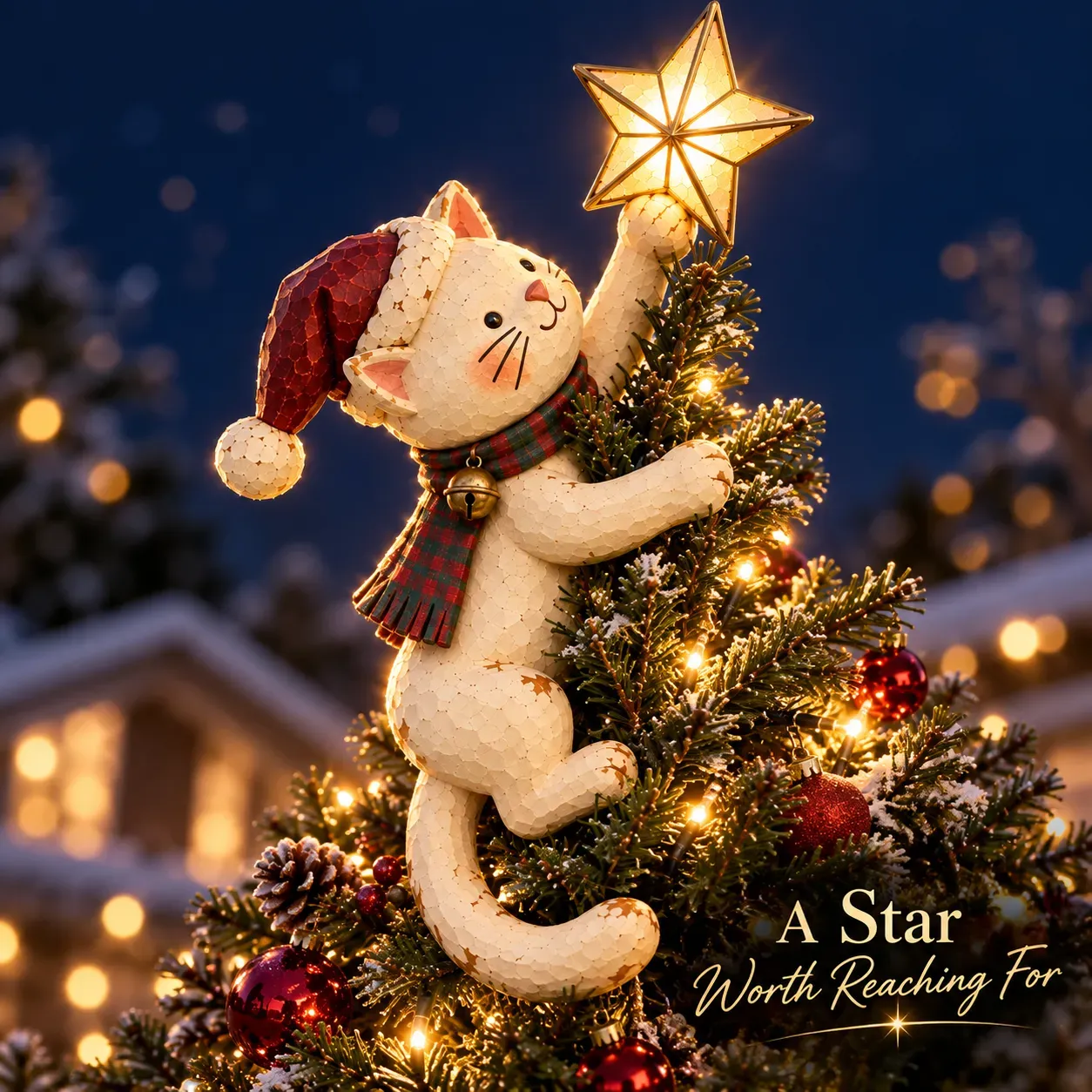 Cat tree topper with its golden star illuminated