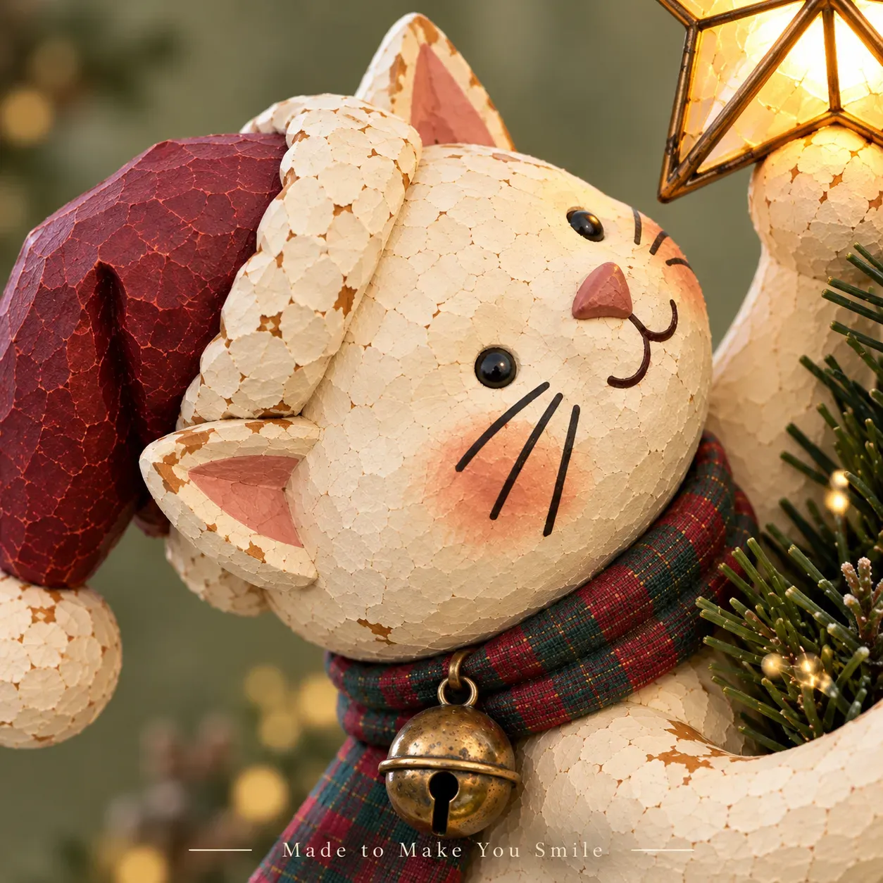 Close view of the cat’s face, textured finish, scarf and bell