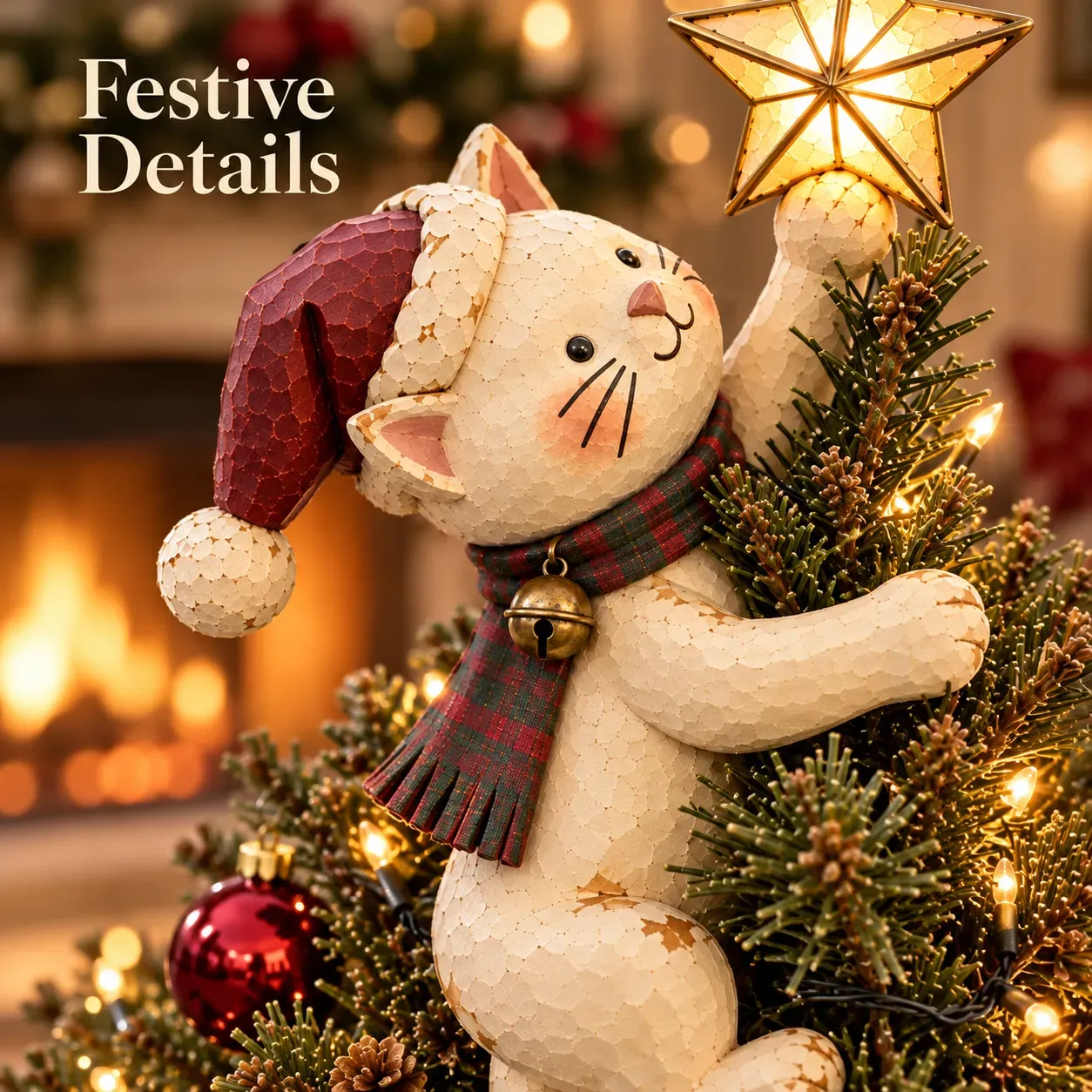 Christmas cat wearing a Santa hat and a red-and-green plaid scarf