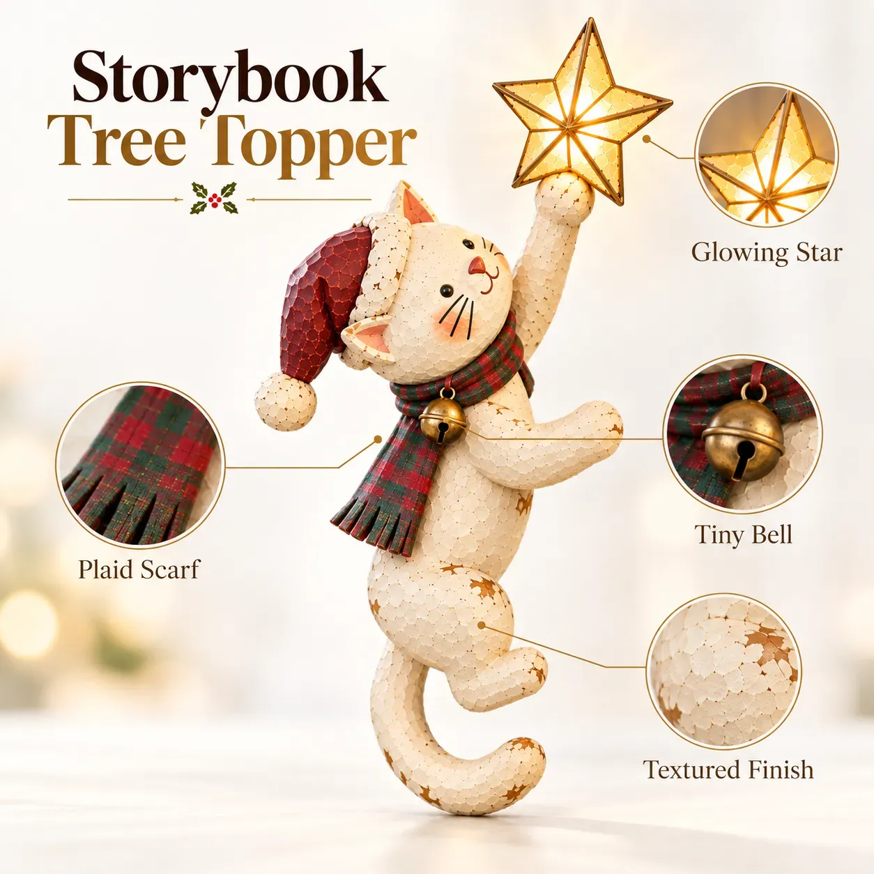 Cat topper details showing the star, scarf, decorative bell and textured surface