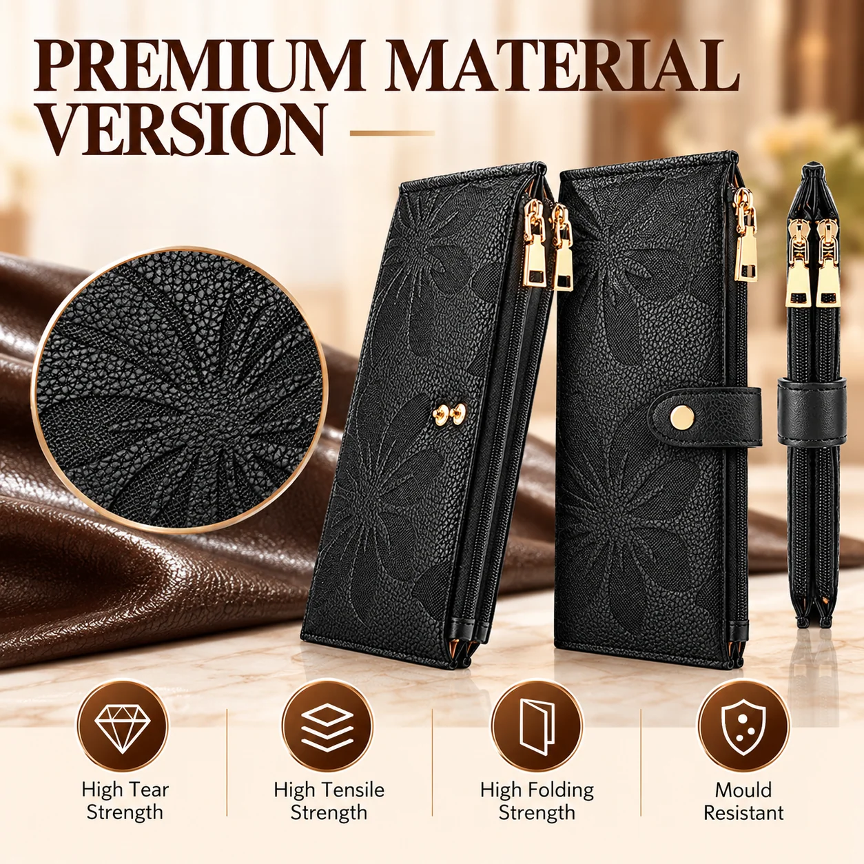 Black floral wallet craftsmanship