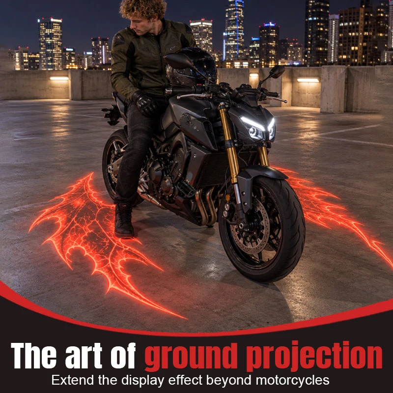 Rider on a black naked motorcycle at an urban rooftop parking area with striking red wings projected onto pavement