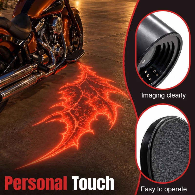 Red devil wing ground projection beside a motorcycle with close-up photos of the projector lens housing and textured mounting surface
