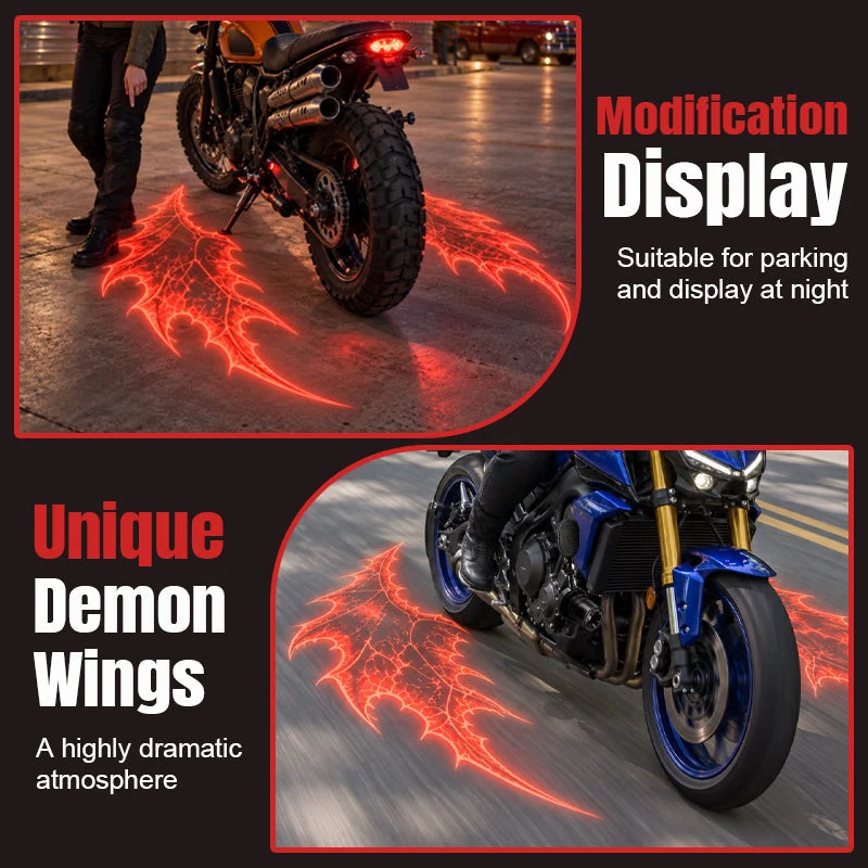 Orange and blue motorcycles displayed with red devil-wing projections in two nighttime motorcycle styling scenes