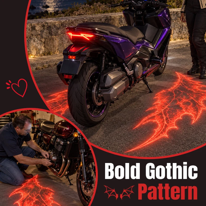 Purple motorcycle and custom bike installation scene with red gothic devil wings illuminated on the ground
