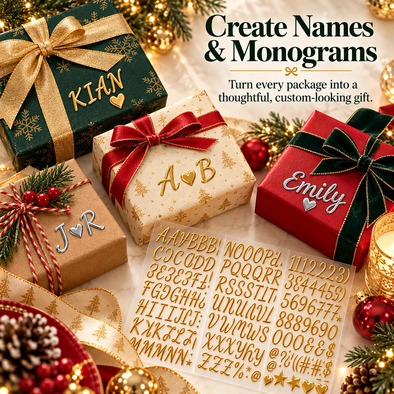 Christmas presents personalized with raised gold and silver alphabet stickers, names, initials and heart symbols