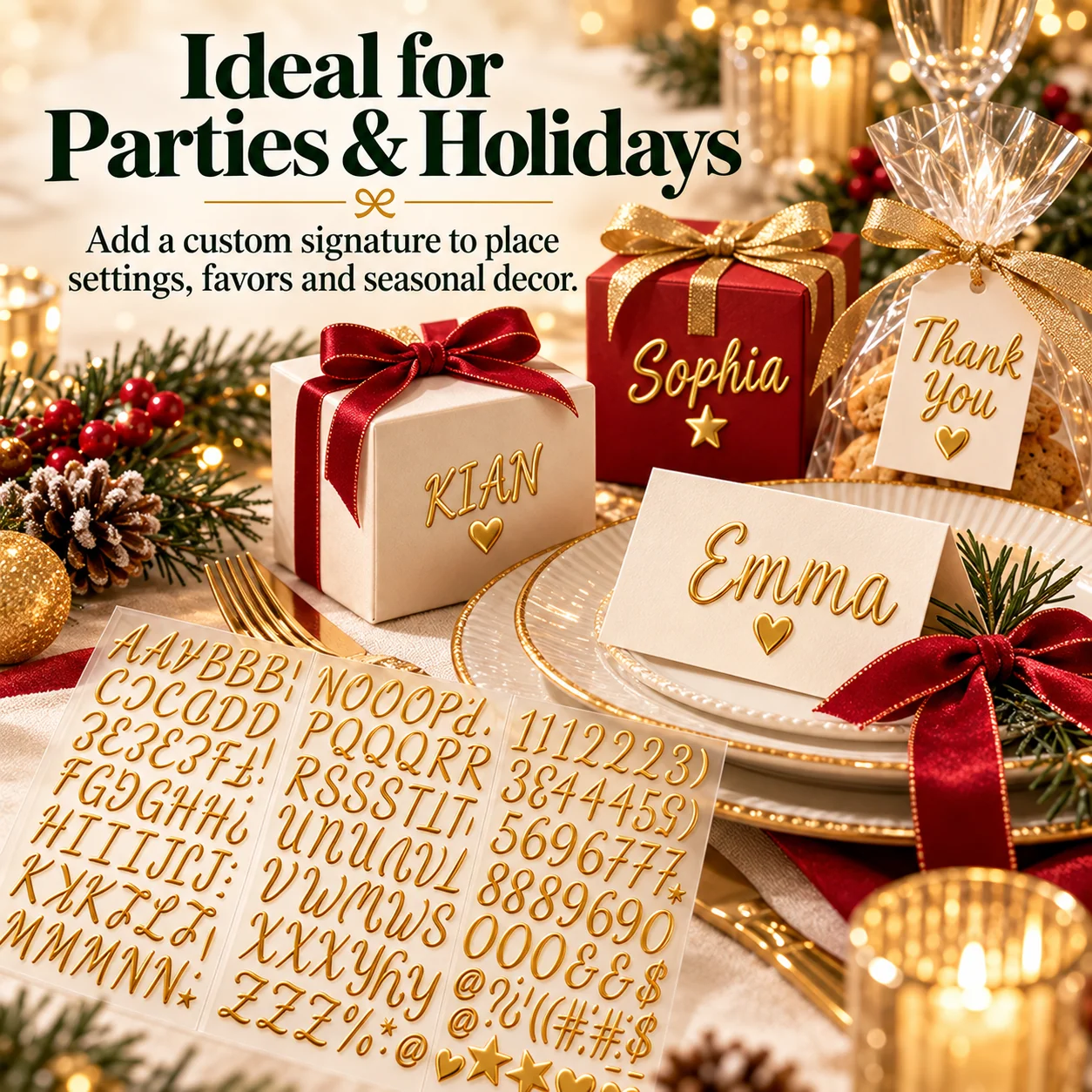 Gold 3D lettering decorating personalized holiday party favor boxes, a thank-you tag and a place card
