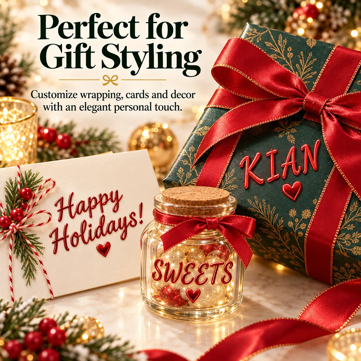 Red raised metallic alphabet stickers used to personalize a wrapped Christmas gift, greeting card and decorative glass jar
