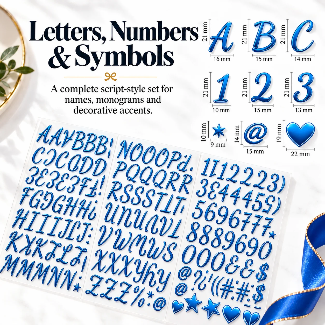 Blue 3D metallic alphabet sticker sheet with examples of letters numbers heart star and at-sign characters and sample dimensions