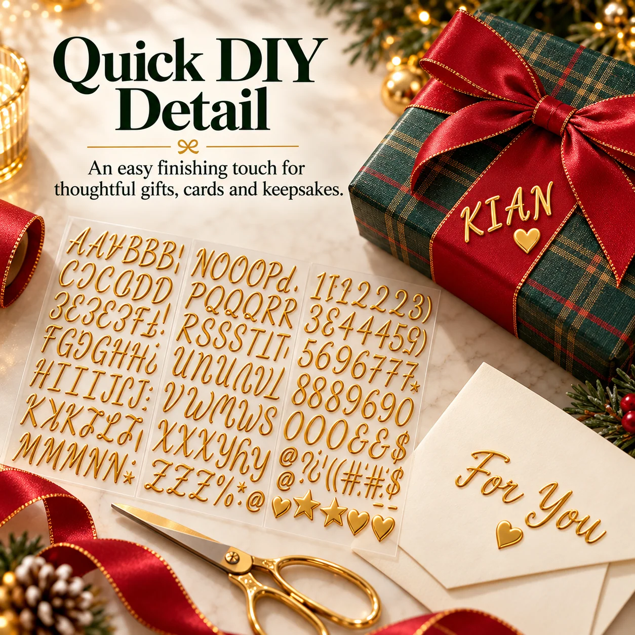 Gold metallic raised alphabet stickers with a handmade For You greeting card, festive wrapped gift and craft scissors